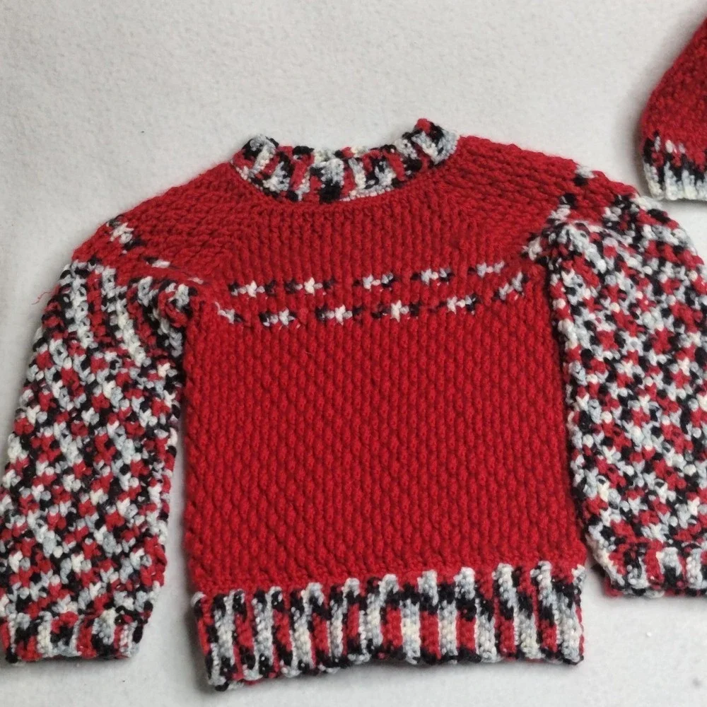 Handmade Knit‎ Sweater & Hat Set Red Multicolor Toddler Size 4T–5T Winter